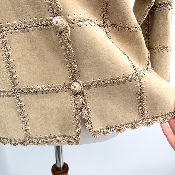 KROSHETTA BY PAPILLON Vintage Suede Crochet Patchwork Jacket Tan - Picture 7 of 10